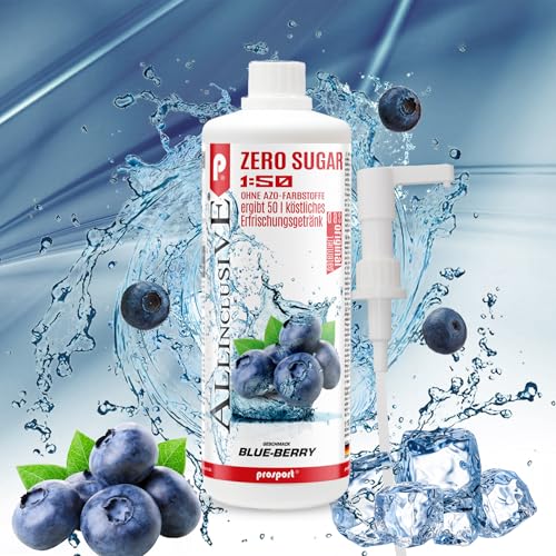 Prosport Allinclusive ZERO SUGAR Sirup, Blue-Berry, 1 Liter Flasche + Dosierpumpe, Premium Getränkekonzentrat 1:50, Vitaldrink, 50 Portionen, Vitamin B1, B6, B12 von PROSPORT