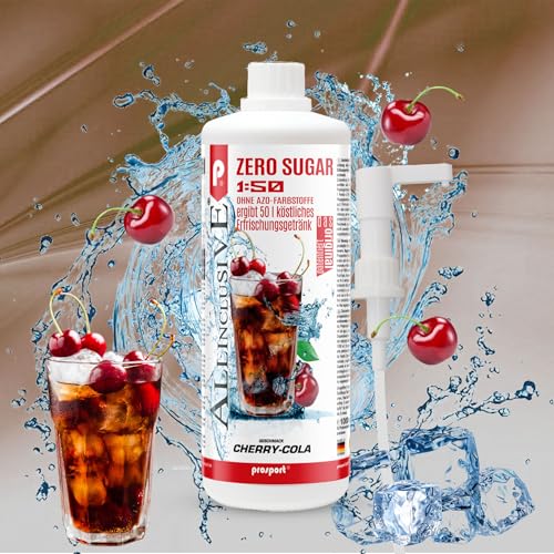 Prosport Allinclusive ZERO SUGAR Sirup, Cherry-Cola, 1 Liter Flasche + Dosierpumpe, Premium Getränkekonzentrat 1:50, Vitaldrink, 50 Portionen, Vitamin B1, B6, B12 von PROSPORT