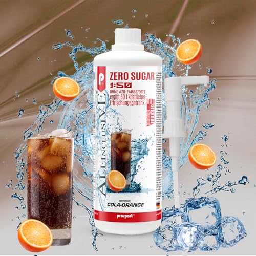 Prosport Allinclusive ZERO SUGAR Sirup, Cola-Orange + Dosierpumpe, 1 Liter Flasche, Premium Getränkekonzentrat 1:50, Vitaldrink, 50 Portionen, Vitamin B1, B6, B12 von PROSPORT