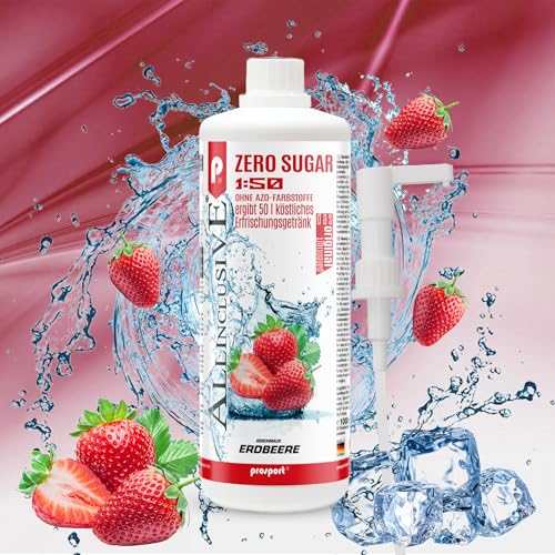 Prosport Allinclusive ZERO SUGAR Sirup, Erdbeere, 1 Liter Flasche + Dosierpumpe, Premium Getränkekonzentrat 1:50, Vitaldrink, 50 Portionen, Vitamin B1, B6, B12 von PROSPORT