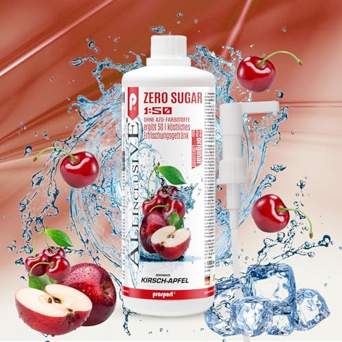 Prosport Allinclusive ZERO SUGAR Sirup, Kirsch-Apfel, 1 Liter Flasche + Dosierpumpe, Premium Getränkekonzentrat 1:50, Vitaldrink, 50 Portionen, Vitamin B1, B6, B12 von PROSPORT