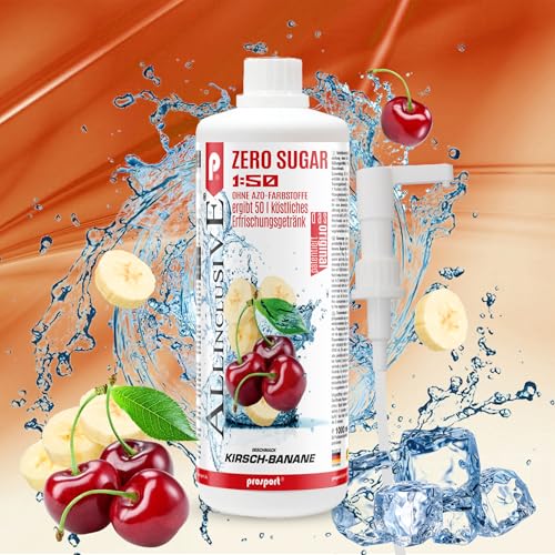 Prosport Allinclusive ZERO SUGAR Sirup, Kirsch-Banane, 1 Liter Flasche + Dosierpumpe, Premium Getränkekonzentrat 1:50, Vitaldrink, 50 Portionen, Vitamin B1, B6, B12 von PROSPORT