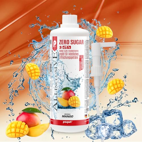 Prosport Allinclusive ZERO SUGAR Sirup, Mango, 1 Liter Flasche + Dosierpumpe, Premium Getränkekonzentrat 1:50, Vitaldrink, 50 Portionen, Vitamin B1, B6, B12 von PROSPORT