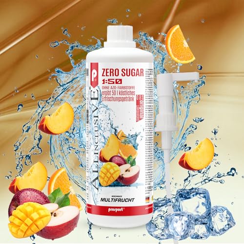 Prosport Allinclusive ZERO SUGAR Sirup, Multifrucht, 1 Liter Flasche + Dosierpumpe, Premium Getränkekonzentrat 1:50, Vitaldrink, 50 Portionen, Vitamin B1, B6, B12 von PROSPORT