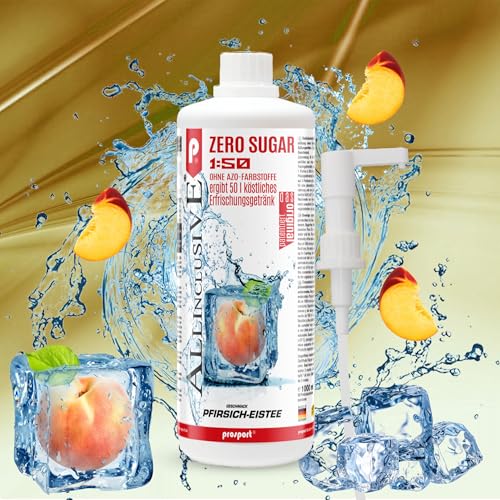 Prosport Allinclusive ZERO SUGAR Sirup, Pfirsich-Eistee, 1 Liter Flasche + Dosierpumpe, Premium Getränkekonzentrat 1:50, Vitaldrink, 50 Portionen, Vitamin B1, B6, B12 von PROSPORT