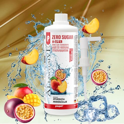 Prosport Allinclusive ZERO SUGAR Sirup, Pfirsich-Maracuja, 1 Liter Flasche + Dosierpumpe, Premium Getränkekonzentrat 1:50, Vitaldrink, 50 Portionen, Vitamin B1, B6, B12 von PROSPORT