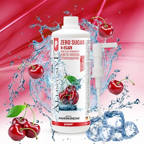 Prosport Allinclusive ZERO SUGAR Sirup, Sauerkirsche, 1 Liter Flasche + Dosierpumpe, Premium Getränkekonzentrat 1:50, Vitaldrink, 50 Portionen, Vitamin B1, B6, B12 von PROSPORT