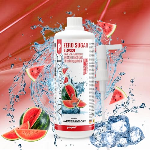 Prosport Allinclusive ZERO SUGAR Sirup, Wassermelone, 1 Liter Flasche + Dosierpumpe, Premium Getränkekonzentrat 1:50, Vitaldrink, 50 Portionen, Vitamin B1, B6, B12 von PROSPORT