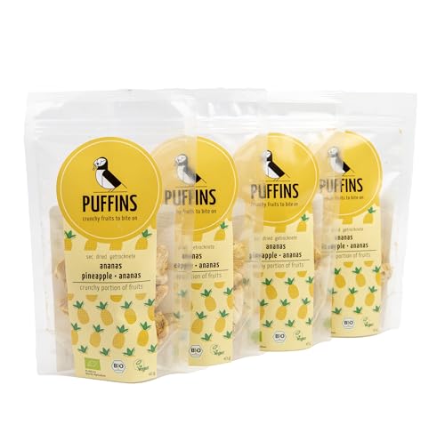 PUFFINS - Getrocknete Früchte - Gepuffte Ananas - Ohne Zucker - Ananas Chips - Ananasstücke - Ohne Zusatz von Zucker, Konservierungsstoffen, GMO - Vegan - Gesunde Snacks - 4x40g von PUFFINS