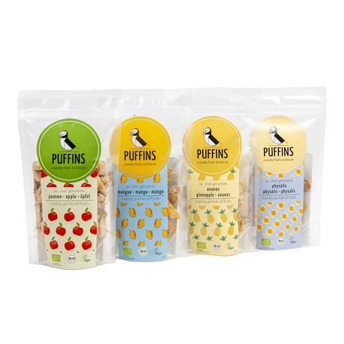PUFFINS - Getrocknete Früchte - Gepuffte Trockenobst Set - Apfel, Mango, Ananas, Blasenkirschen - Knusprige Trockenfrüchte, Gesunde Snacks, Vegane Süßigkeiten Snacks, Zuckerfrei, Glutenfrei, 4x40g PUFFINS - Getrocknete Früchte - Gepuffte Trockenobst Set - Apfel, Mango, Ananas, Blasenkirschen - Knusprige Trockenfrüchte, Gesunde Snacks, Vegane Süßigkeiten Snacks, Zuckerfrei, Glutenfrei, 4x40g von PUFFINS