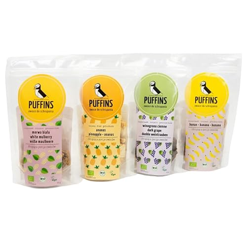 PUFFINS - Getrocknete Früchte - Trockenobst Set - Maulbeere, Weintraube, Ananas, Banane - Knusprige Trockenfrüchte, Vegane Süßigkeiten & Snacks, Zuckerfrei, Glutenfrei, 4 x 40g PUFFINS - Getrocknete Früchte - Trockenobst Set - Maulbeere, Weintraube, Ananas, Banane - Knusprige Trockenfrüchte, Vegane Süßigkeiten & Snacks, Zuckerfrei, Glutenfrei, 4 x 40g von PUFFINS
