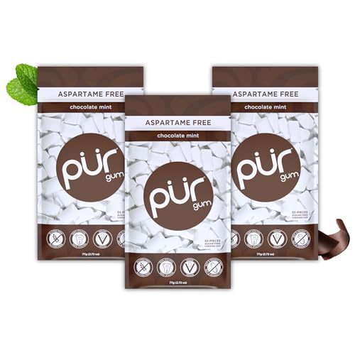 Pur Gum | Zuckerfreier Kaugummi | 100% Xylit | Vegan, Aspartamfrei, Glutenfrei & Diabetikerfreundlich | Natürlicher Kaugummi Mit Chocolate Mint Geschmack, 55 Stück (3er Pack) von PUR