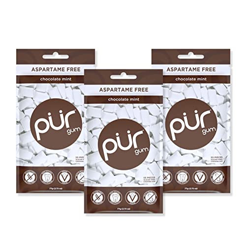 PUR Gum | Zuckerfreier Kaugummi | Mit Xylit | Vegan, Aspartamfrei & Glutenfrei | Natürlicher Kaugummi Mit Chocolate Mint Geschmack, 55 Stück (3er Pack) von PUR