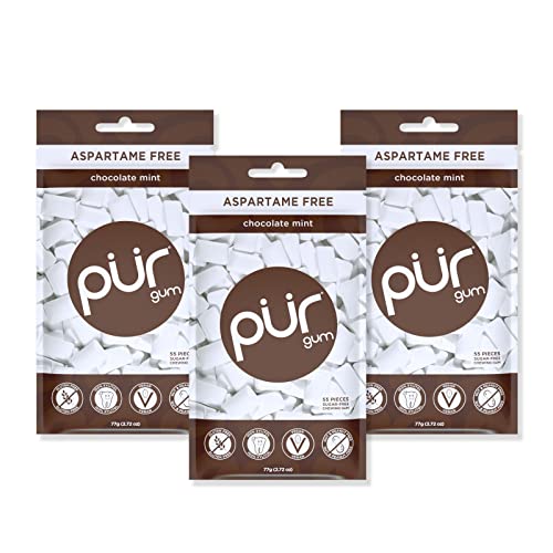 Pur Gum | Zuckerfreier Kaugummi | 100% Xylit | Vegan, Aspartamfrei, Glutenfrei & Diabetikerfreundlich | Natürlicher Kaugummi Mit Chocolate Mint Geschmack, 55 Stück (3er Pack) von PUR