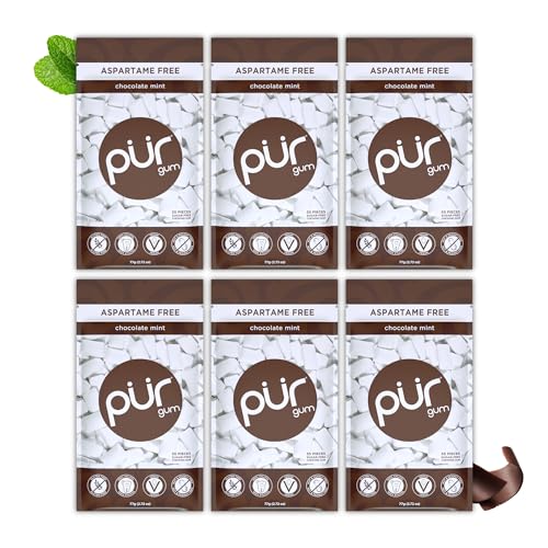 Pur Gum | Zuckerfreier Kaugummi | 100% Xylit | Vegan, Aspartamfrei, Glutenfrei & Diabetikerfreundlich | Natürlicher Kaugummi Mit Chocolate Mint Geschmack, 55 Stück (6er Pack) von PUR