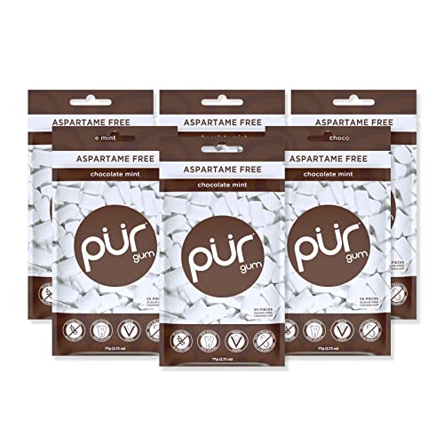 PUR Gum | Zuckerfreier Kaugummi | Mit Xylit | Vegan, Aspartamfrei & Glutenfrei | Natürlicher Kaugummi Mit Chocolate Mint Geschmack, 55 Stück (6er Pack) von PUR