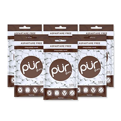 Pur Gum | Zuckerfreier Kaugummi | 100% Xylit | Vegan, Aspartamfrei, Glutenfrei & Diabetikerfreundlich | Natürlicher Kaugummi Mit Chocolate Mint Geschmack, 55 Stück (6er Pack) von PUR