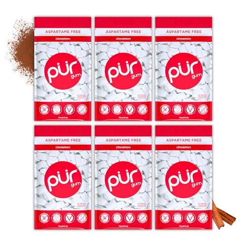 PUR Gum | Zuckerfreier Kaugummi | 100% Xylit | Vegan, Aspartamfrei, Glutenfrei & Diabetikerfreundlich | Natürlicher Kaugummi Mit Cinnamon Geschmack, 55 Stück (6er Pack) von PUR