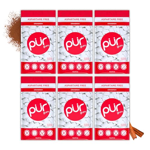 PUR Gum | Zuckerfreier Kaugummi | Mit Xylit | Vegan, Aspartamfrei & Glutenfrei | Natürlicher Kaugummi Mit Cinnamon Geschmack, 55 Stück (6er Pack) von PUR
