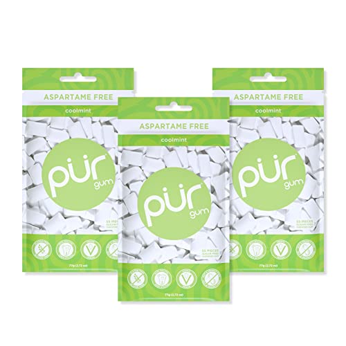 PUR Gum | Zuckerfreier Kaugummi | Mit Xylit | Vegan, Aspartamfrei & Glutenfrei | Natürlicher Kaugummi Mit Coolmint-Geschmack, 55 Stück (3er Pack) von PUR