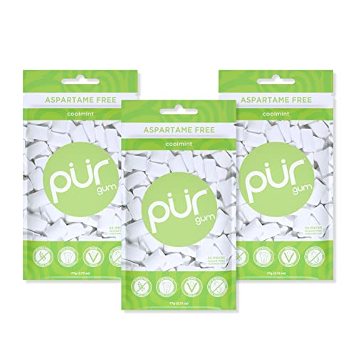 Pur Gum | Zuckerfreier Kaugummi | 100% Xylit | Vegan, Aspartamfrei, Glutenfrei & Diabetikerfreundlich | Natürlicher Kaugummi Mit Coolmint-Geschmack, 55 Stück (3er Pack) von PUR