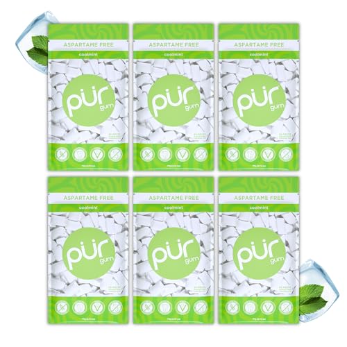 PUR Gum | Zuckerfreier Kaugummi | Mit Xylit | Vegan, Aspartamfrei & Glutenfrei | Natürlicher Kaugummi Mit Coolmint-Geschmack, 55 Stück (6er Pack) von PUR