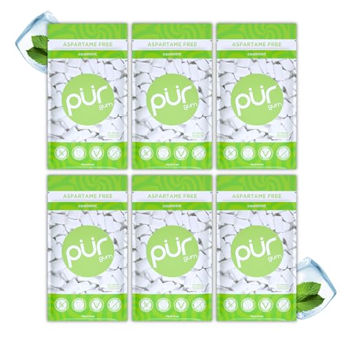 Pur Gum | Zuckerfreier Kaugummi | 100% Xylit | Vegan, Aspartamfrei, Glutenfrei & Diabetikerfreundlich | Natürlicher Kaugummi Mit Coolmint-Geschmack, 55 Stück (6er Pack) von PUR