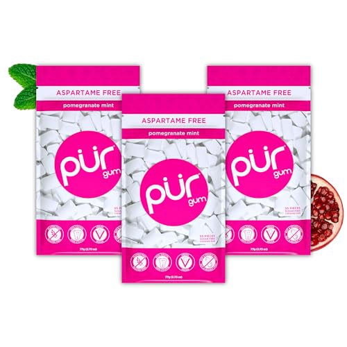 PUR Gum | Zuckerfreier Kaugummi | Mit Xylit | Vegan, Aspartamfrei & Glutenfrei | Natürlicher Kaugummi Mit Pomegranate Mint Geschmack, 55 Stück (3er Pack) von PUR