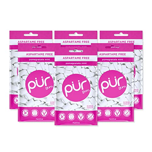 Pur Gum | Zuckerfreier Kaugummi | 100% Xylit | Vegan, Aspartamfrei, Glutenfrei & Diabetikerfreundlich | Natürlicher Kaugummi Mit Pomegranate Mint Geschmack, 55 Stück (6er Pack) von PUR