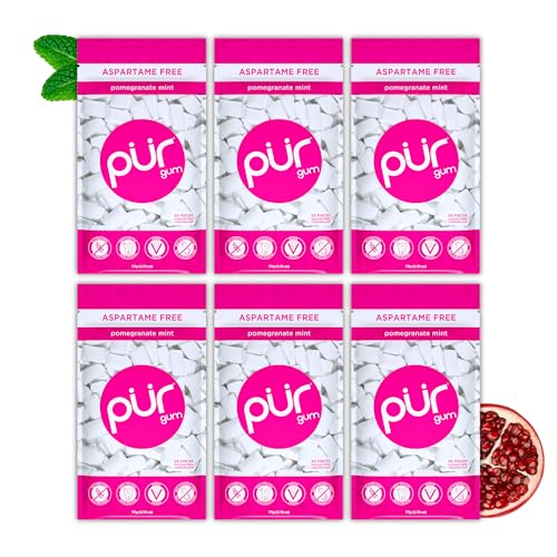 Pur Gum | Zuckerfreier Kaugummi | 100% Xylit | Vegan, Aspartamfrei, Glutenfrei & Diabetikerfreundlich | Natürlicher Kaugummi Mit Pomegranate Mint Geschmack, 55 Stück (6er Pack) von PUR