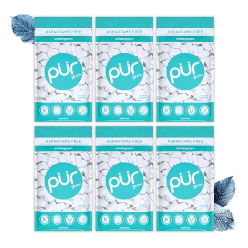 PUR Gum | Zuckerfreier Kaugummi | 100% Xylit | Vegan, Aspartamfrei & Glutenfrei | Natürlicher Kaugummi Mit Wintergreen-Geschmack, 55 Stück (6er Pack) von PUR