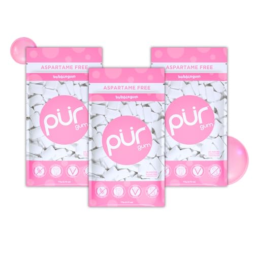 Pur Gum | Zuckerfreier Kaugummi | 100% Xylit | Vegan, Aspartamfrei, Glutenfrei & Diabetikerfreundlich | Natürlicher Kaugummi Mit Bubblegum Geschmack, 55 Stück (3er Pack) von PUR