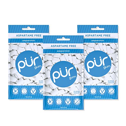 Pur Gum | Zuckerfreier Kaugummi | 100% Xylit | Vegan, Aspartamfrei, Glutenfrei & Diabetikerfreundlich | Natürlicher Kaugummi Mit Peppermint-Geschmack, 55 Stück (3er Pack) von PUR
