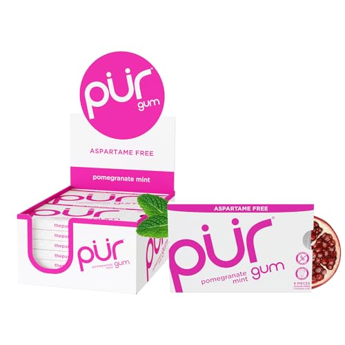 PUR Gum | Zuckerfreier Kaugummi | 100% Xylitol | Vegan, Aspartamfrei, Glutenfrei & Diabetikerfreundlich | Natürlicher Granatapfel Minze Geschmack Gummi 9 Stück (12 Stück) von PUR