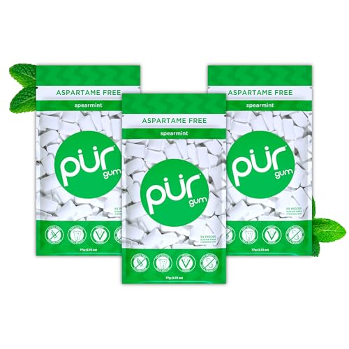 PUR Gum | Zuckerfreier Kaugummi | Mit Xylit | Vegan, Aspartamfrei & Glutenfrei | Natürlicher Kaugummi Mit Spearmint-Geschmack, 55 Stück (3er Pack) von PUR