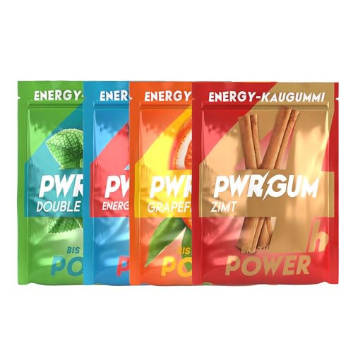 PWRGUM Energy-Kaugummi 4er Mix I Bis zu 4-Stunden Energie Boost I Zuckerfrei & Zahnpflegend I Ideale Alternative zu Energy-Drinks I Gönn dir natürliche Power mit jedem Kauen! von PWRGUM