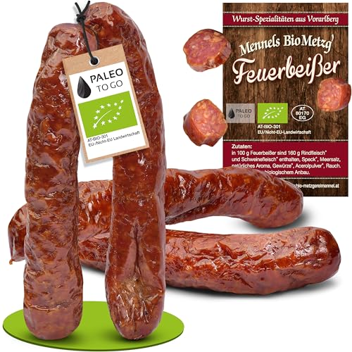 BIO Pfefferbeißer/Feuerbeißer – Rohwurst aus Rind & Schwein, nicht scharf – Snackwurst, zuckerfrei & glutenfrei – Handgemachte Bio Bauernwürste – 2 Paar von Paleo To Go