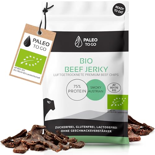 PALEO TO GO Beef Jerky [100% BIO] 75% High Protein Bio Rindfleisch [Made in Austria] luftgetrocknet ohne Konservierungsstoffe Protein Biltong Snack Trockenfleisch 8x 30g Fleisch Snacks Protein Chips von Paleo To Go