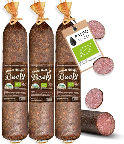 PALEO TO GO Beefy Salami [100% BIO] – High Protein Snack, Rindersalami Sticks – Luftgetrocknete Bio Wurst, Low Carb Eiweiß Snack – 3 Stück Salami Snack ohne Konservierungsstoffe von Paleo To Go