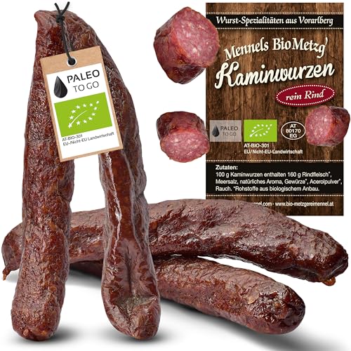 BIO Rind Kaminwurzen – Rinder Rohwurst, zuckerfrei, glutenfrei – Protein Snack aus 100% Bio-Rindfleisch – Eiweißreiche Mettwurst, trocken & handgemacht – 4 Stück von Paleo To Go