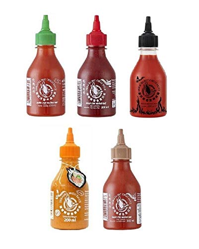 Pamai Pai® Fünferpack Sriracha Hot Chili Sauce Set 5 x 200ml Chilli Soße rot grün braun schwarz orange von Pamai Pai