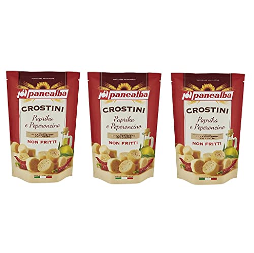 3x Panealba Crostini Paprika e Peperoncino Croutons mit Paprika and Chilli Gesalzener Snack Nicht Gebraten Nicht Frittiertes 100g von Panealba