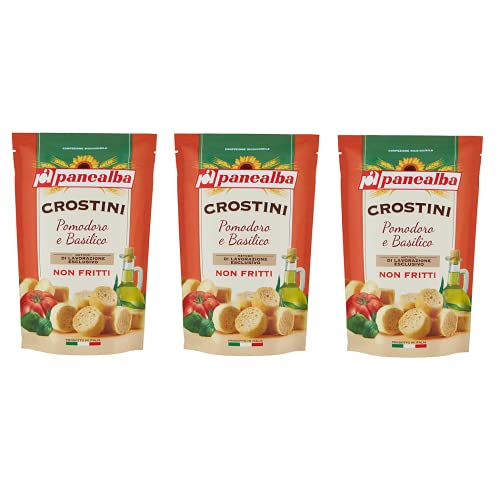 3x Panealba Crostini Pomodoro e Basilico Croutons mit Tomate und Basilikum Gesalzener Snack Nicht Gebraten Nicht Frittiertes 100g von Panealba