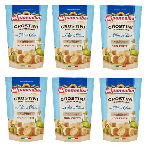 6x Panealba Crostini Mediterraneo con Olio di Oliva Croutons mit Olivenöl Gesalzener Snack Nicht Gebraten Nicht Frittiertes 100g von Panealba