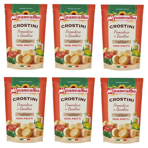 6x Panealba Crostini Pomodoro e Basilico Croutons mit Tomate und Basilikum Gesalzener Snack Nicht Gebraten Nicht Frittiertes 100g von Panealba