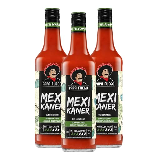 Papa Fuego Mexikaner (3 x 0.7 l) Mixgetränk mit Wodka | Mittelscharfer Tomatenschnaps | 15% - Der feurig-fruchtige Tomatenschnaps, glutenfrei und vegan von Papa Fuego