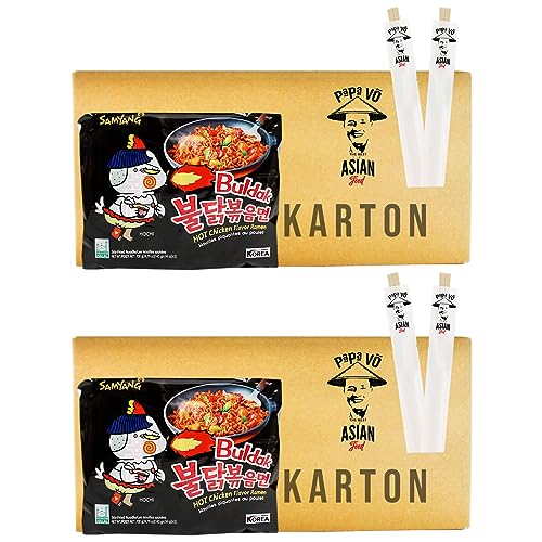 80er Pack (80x140g) Samyang Buldak Ramen Hot Chicken Geschmack + 2 Papa Vo Essstäbchen von Papa Vo