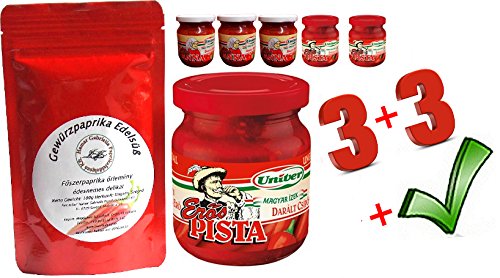 SPARSET ANGEBOT 3 x Erös Pista Starker Stefan + 3 x Edes Anna Süße Anna Univer Paprikacreme scharf und mild + 100g Szegediner edelsüße Paprika - insg. 1300g von Paprikaland