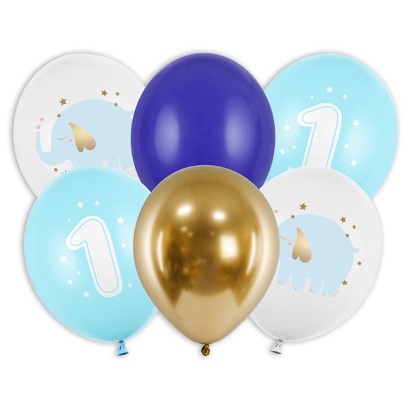 6 Luftballons in blau, weiß und gold zum 1. Geburtstag, 30cm von Partydeco