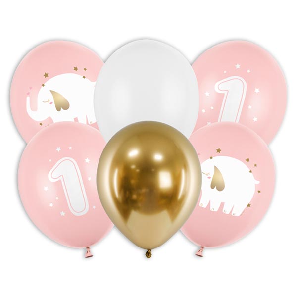 6 Luftballons in rosa, weiß und gold zum 1. Geburtstag, 30cm von Partydeco